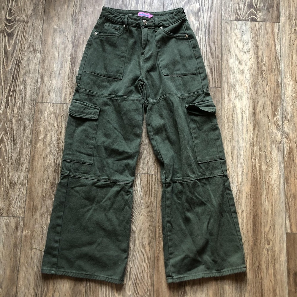 Edikted Jeans Womens XS Green Wide-Leg Relaxed Fit Cargo Pocket Denim 27W 30L